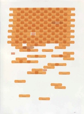 Embrace/Reject III, 2011, sheer and clear adhesive bandages on paper, embroidery, 30"x 22.5"