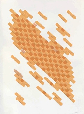 Embrace/Reject VI, 2011, sheer and clear adhesive bandages on paper, embroidery, 30"x 22.5"