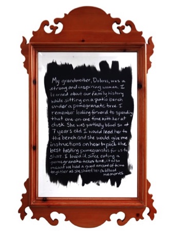 Lolin Age 7, 2015, 
chalk on mirror, 48 1/4" x 29"